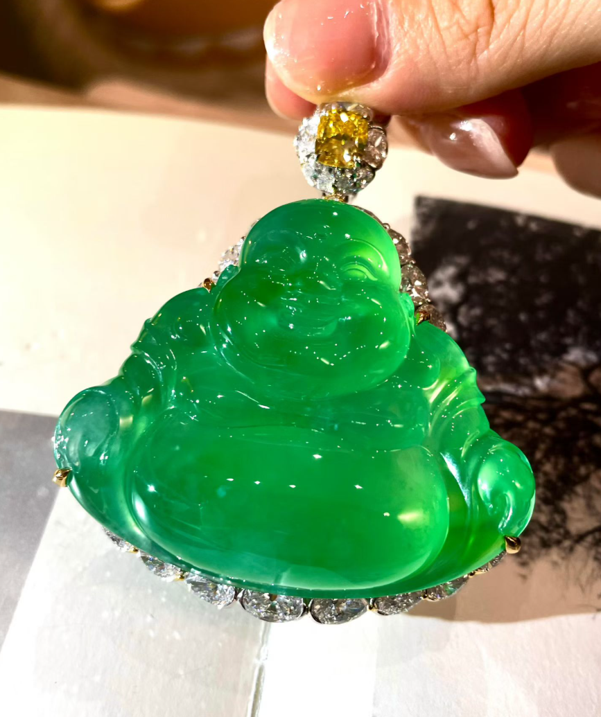 Auction Grade Glassy Sweet Green Jadeite Laughing Buddha Pendant view 2
