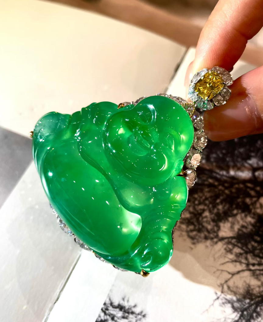 Auction Grade Glassy Sweet Green Jadeite Laughing Buddha Pendant view 3