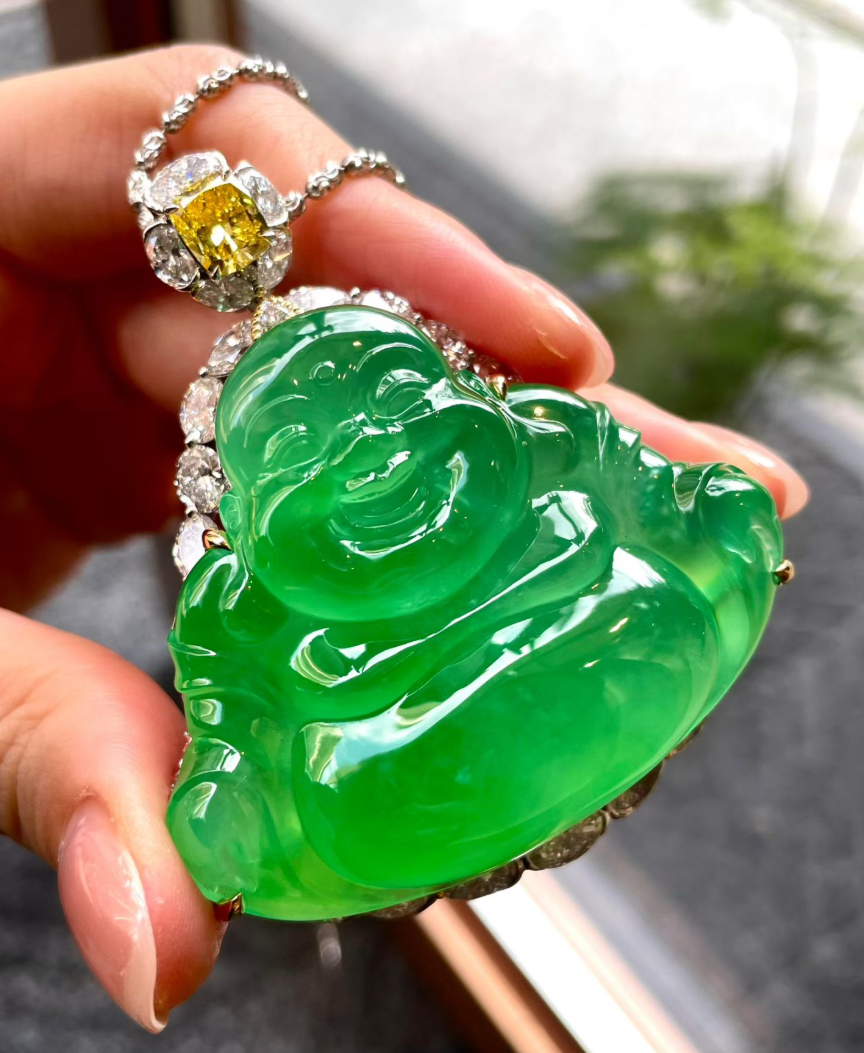 Auction Grade Glassy Sweet Green Jadeite Laughing Buddha Pendant view 5