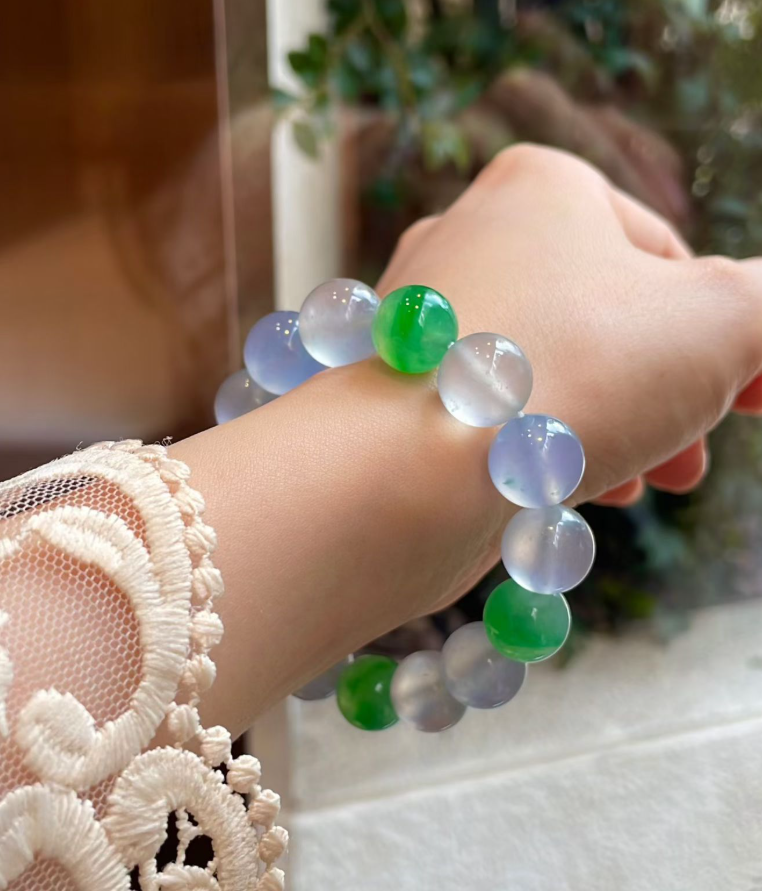 Glassy Blue & Yang Green Jadeite Bead Bracelet (12mm) view 4