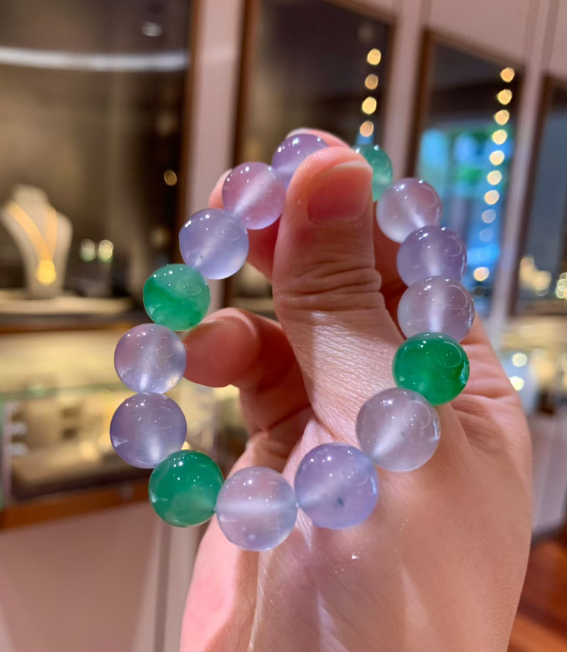 Glassy Blue & Yang Green Jadeite Bead Bracelet (12mm) view 5