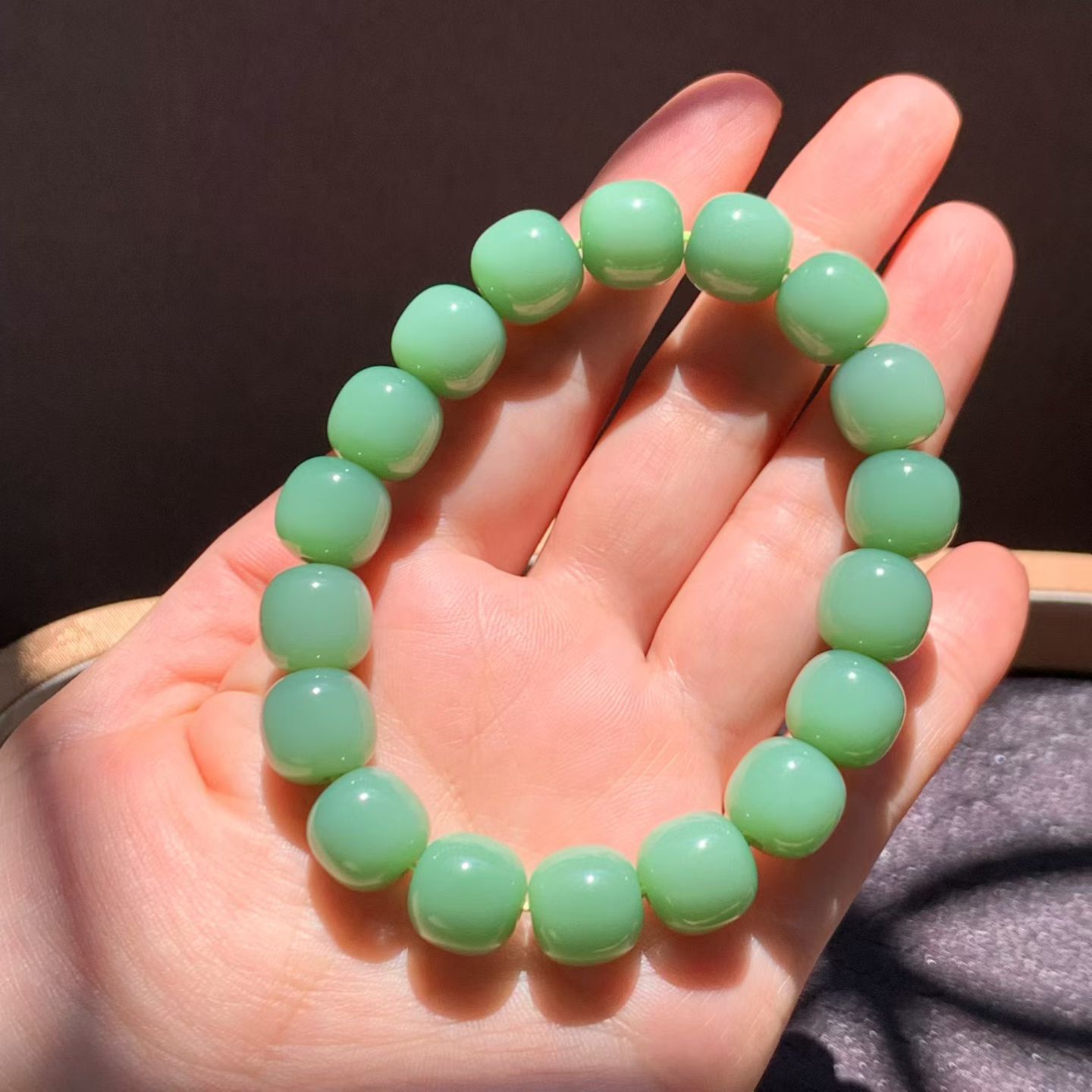 Rosy Green Meaty-Base Nephrite Jade Bead Bracelet (12mm)