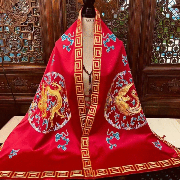 Imperial Dragon & Phoenix Hand-Embroidered Silk Shawl - Image 2