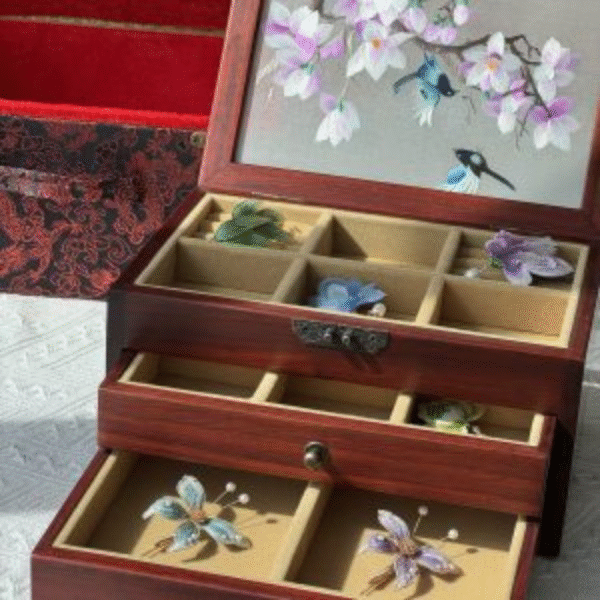 Silk Embroidered Huali Wood Jewelry Box - Image 10