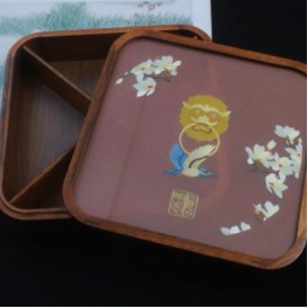 Silk Embroidered Square Huali Wood Box - Image 10