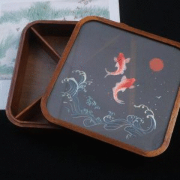 Silk Embroidered Square Huali Wood Box - Image 11