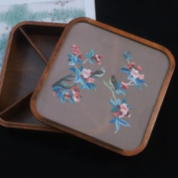 Silk Embroidered Square Huali Wood Box - Image 13