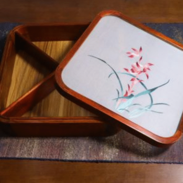 Silk Embroidered Square Huali Wood Box - Image 7